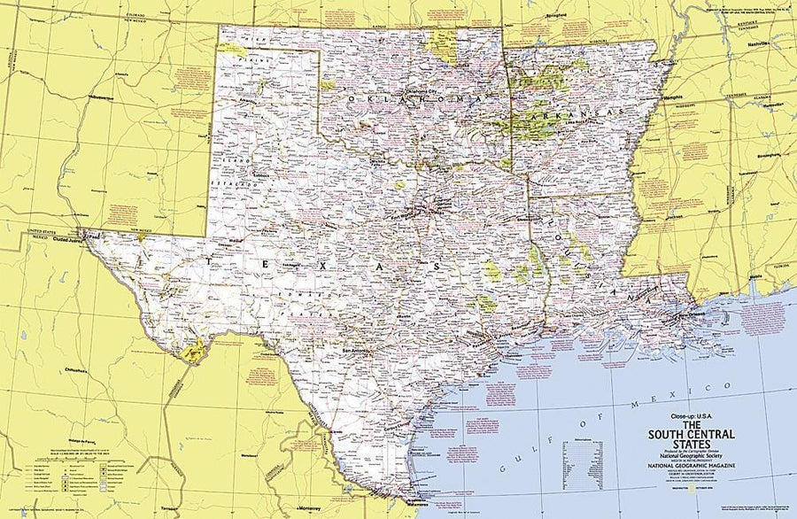 1974 Close-up USA, South Central States Map Wall Map 