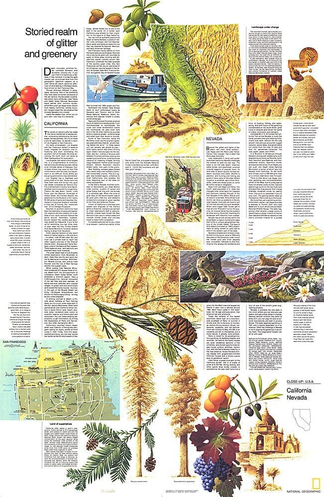 1974 Close-up USA, California and Nevada Theme Wall Map 