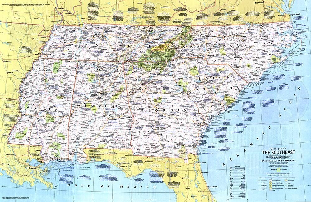 1975 Gros plan sur les États-Unis, le Sud-Est carte murale roulée (en tube) National Geographic Historic POD Default Title