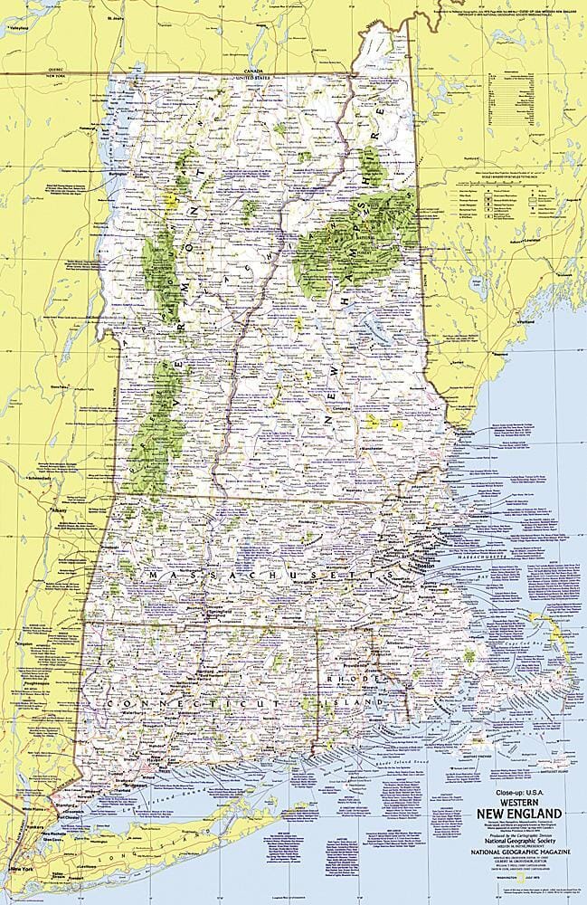 1975 Close-up USA, Western New England Map Wall Map 