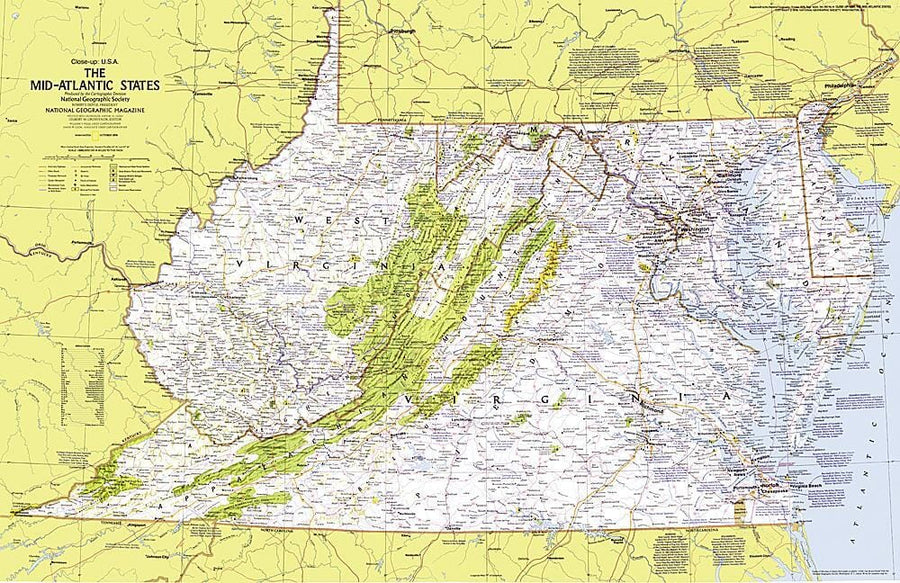1976 Close-up USA, Mid-Atlantic States Map Wall Map 