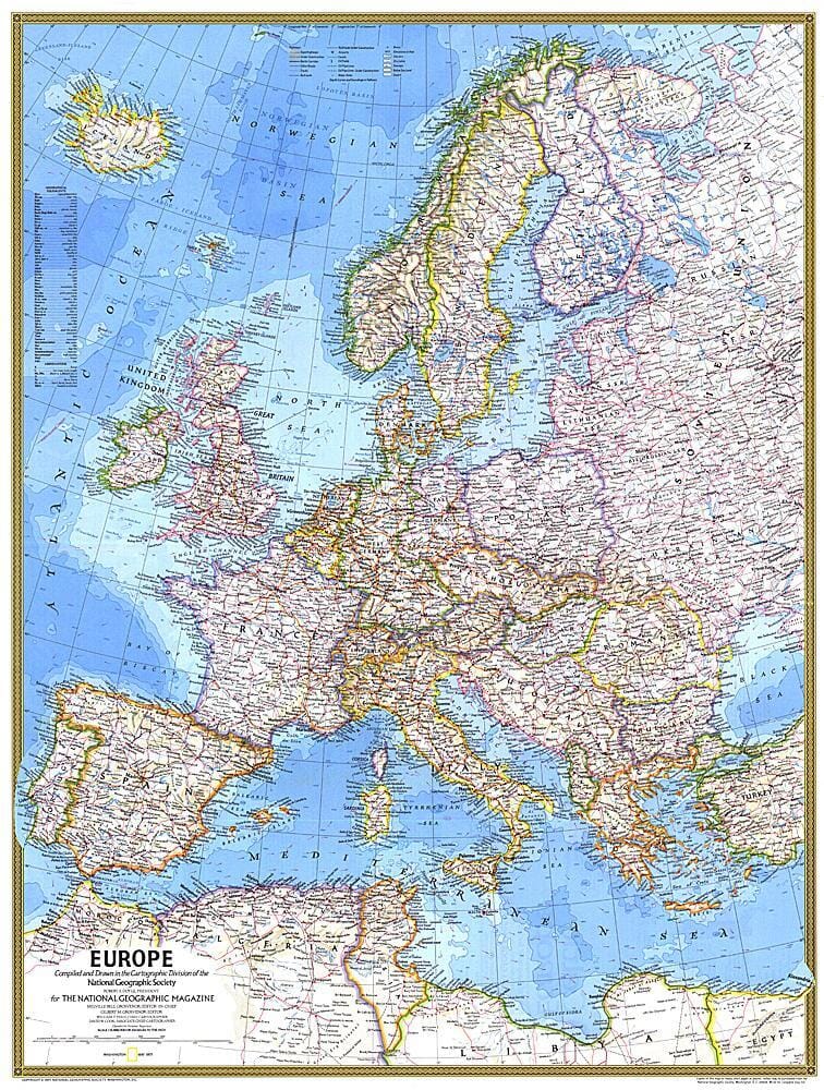 1977 Carte de l'Europe carte murale roulée (en tube) National Geographic Historic POD Default Title