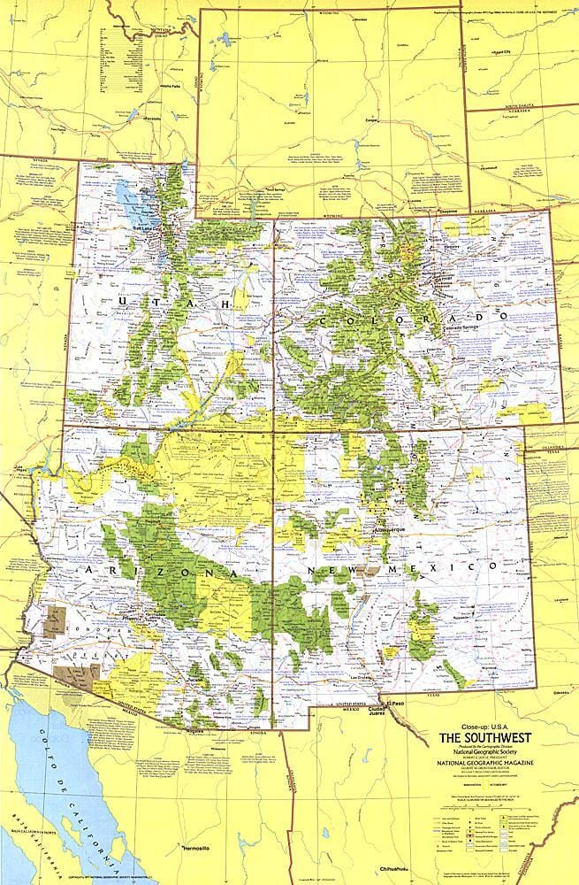 1977 Close-up USA, Southwest Map Wall Map 