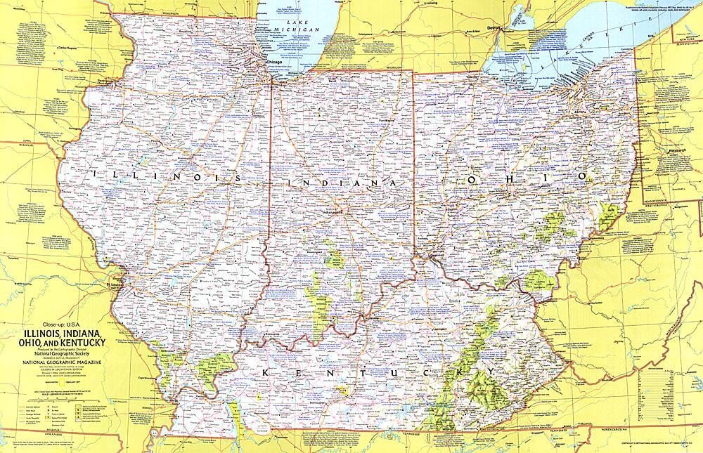 1977 Gros plan USA, Illinois, Indiana, Ohio, Kentucky carte murale roulée (en tube) National Geographic Historic POD Default Title