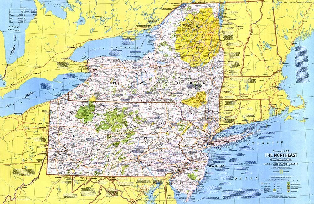 1978 Gros plan sur les États-Unis, carte du nord-est carte murale roulée (en tube) National Geographic Historic POD Default Title