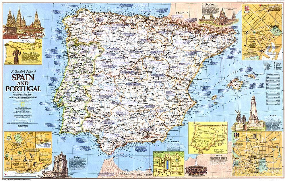 1984 Carte de voyage de l'Espagne et du Portugal carte murale roulée (en tube) National Geographic Historic POD Default Title