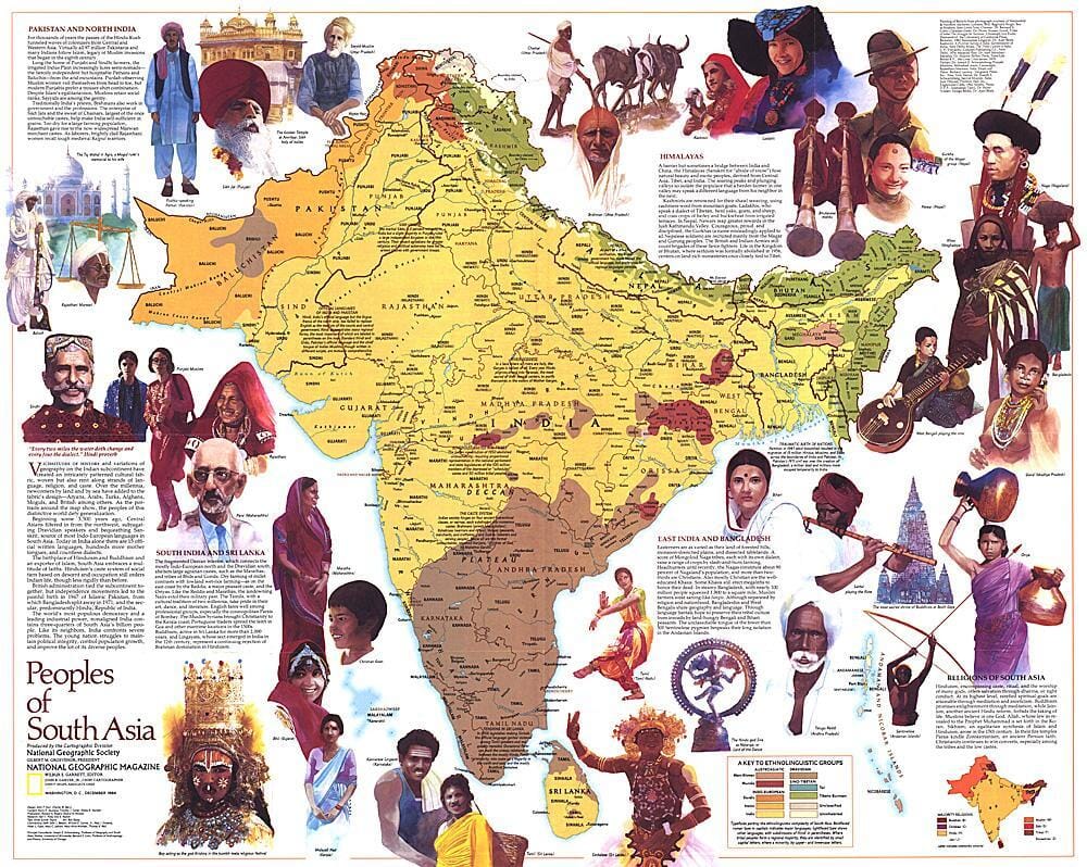 1984 Peuples d'Asie du Sud (carte) carte murale roulée (en tube) National Geographic Historic POD Default Title