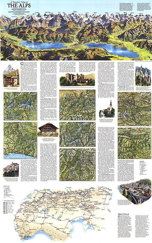 1985 A Traveler's Map of the Alps Wall Map 