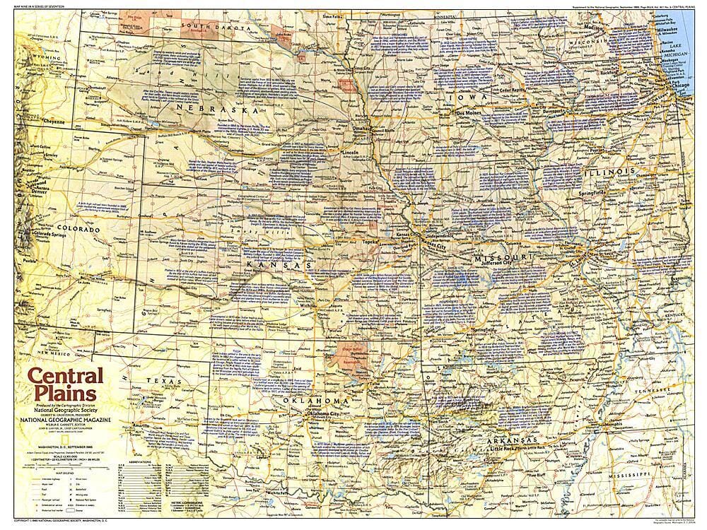 1985 Central Plains (carte) Côté 1 carte murale roulée (en tube) National Geographic Historic POD Default Title