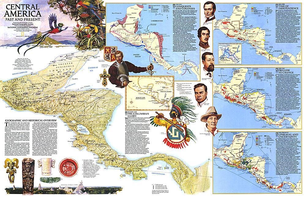 1986 Central America Past and Present Map Wall Map 