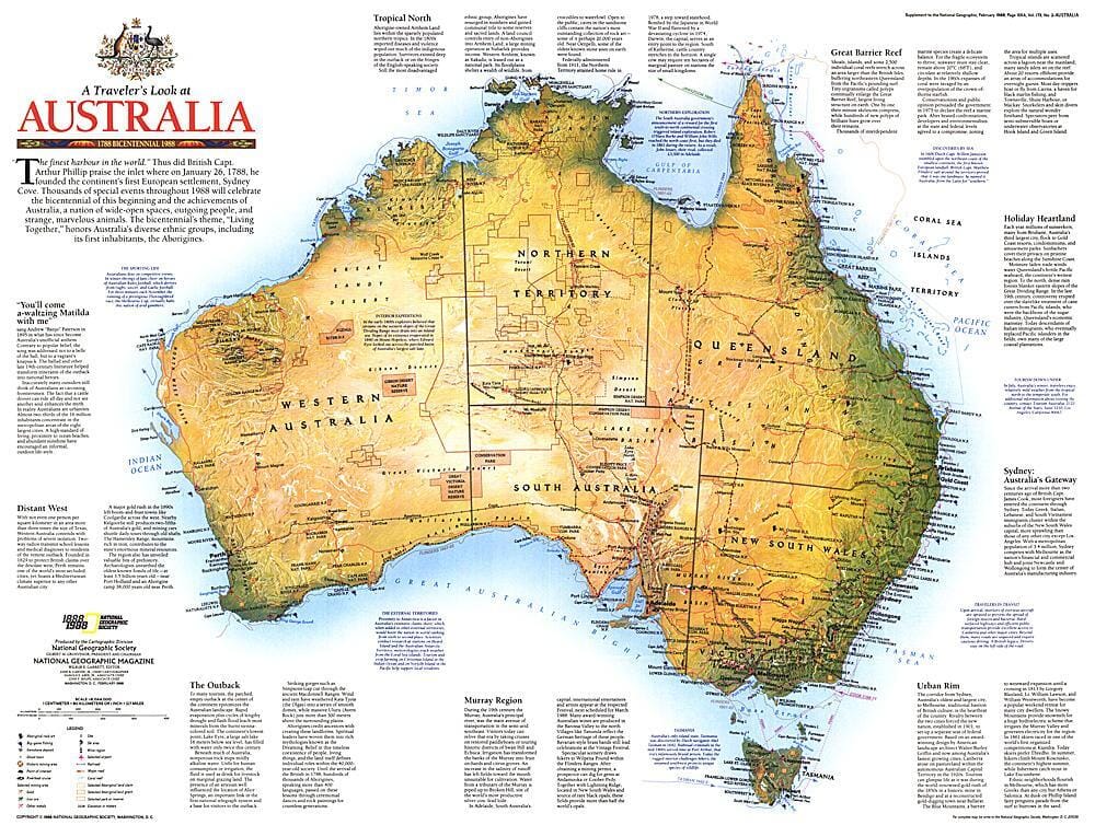 1988 Les voyageurs regardent la carte de l'Australie carte murale roulée (en tube) National Geographic Historic POD Default Title