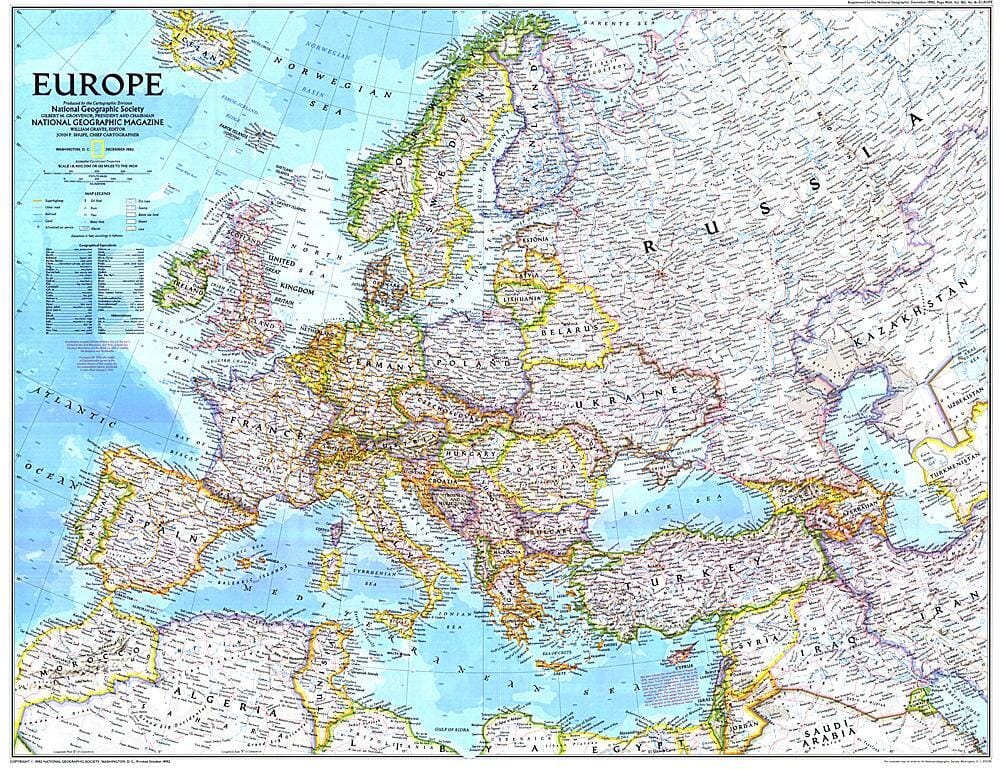 1992 Europe carte murale roulée (en tube) National Geographic Historic POD Default Title