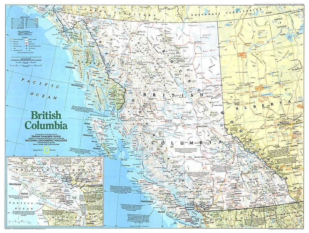 1992 Making of Canada, British Columbia Map Wall Map 