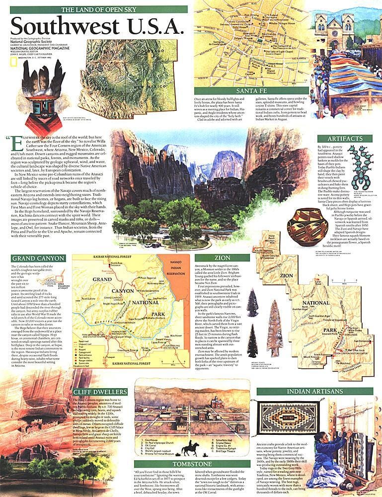 1992 Sud-Ouest, Carte des États-Unis, Terre de ciel ouvert carte murale roulée (en tube) National Geographic Historic POD Default Title