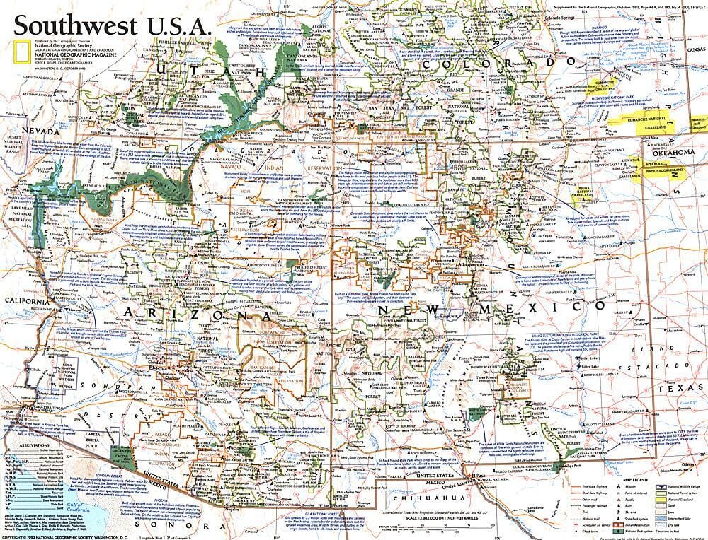 1992 Sud-ouest, USA Carte carte murale roulée (en tube) National Geographic Historic POD Default Title