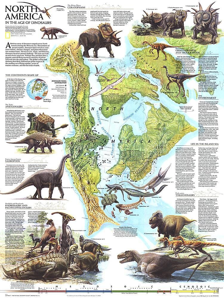 1993 Carte L'Amérique du Nord à l'ère des dinosaures carte murale roulée (en tube) National Geographic Historic POD Default Title