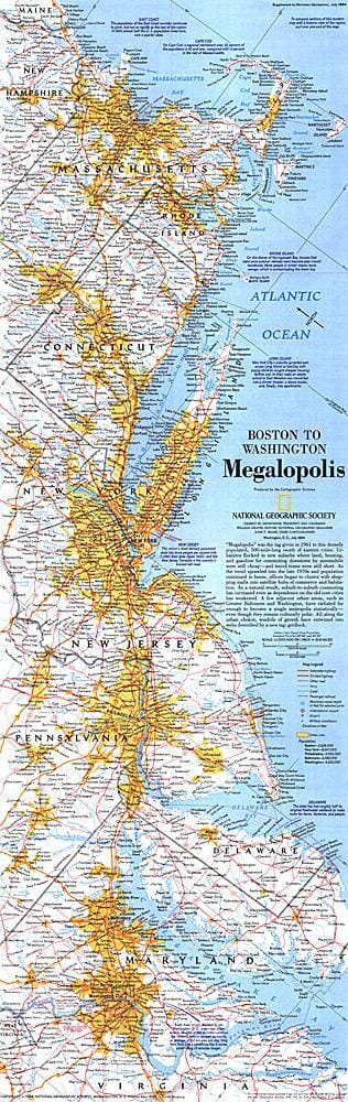 1994 Carte de la mégalopole de Boston à Washington carte murale roulée (en tube) National Geographic Historic POD Default Title
