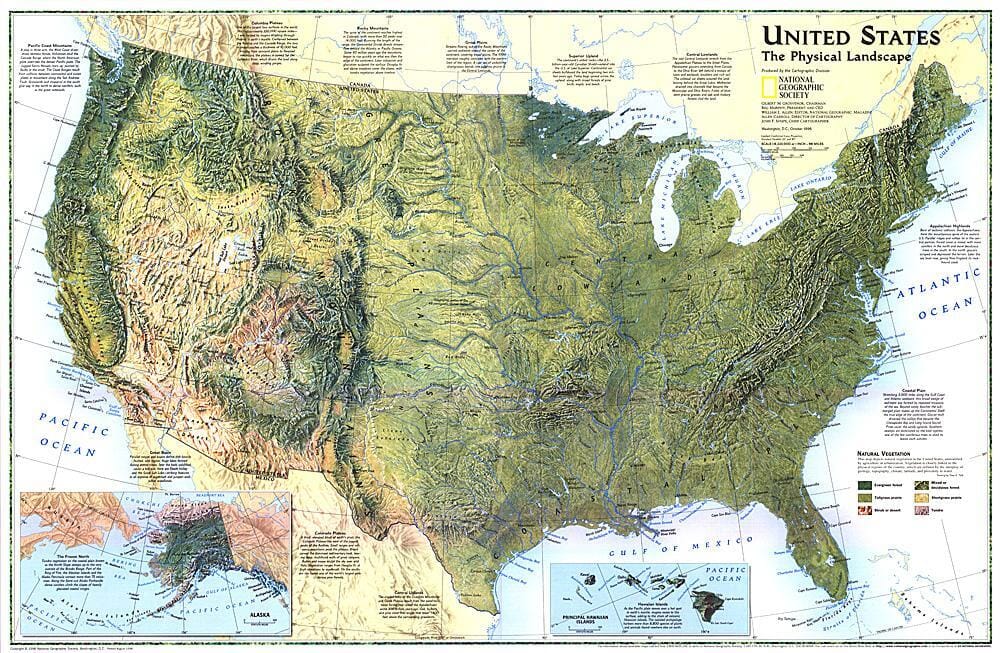 1996 Etats-Unis, la carte des paysages physiques carte murale roulée (en tube) National Geographic Historic POD Default Title