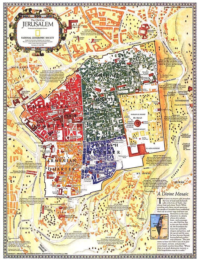 1996 Jérusalem, la vieille ville Carte carte murale roulée (en tube) National Geographic Historic POD Default Title