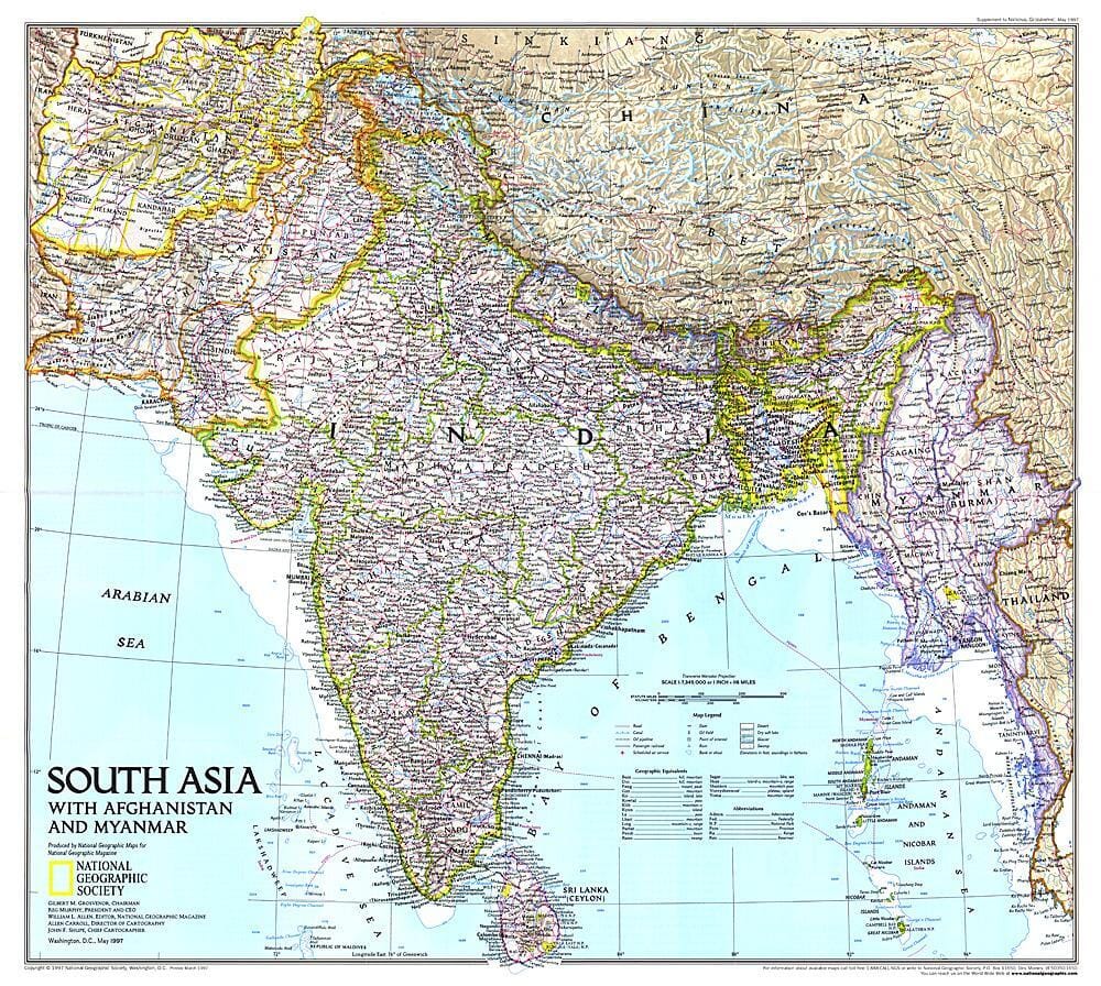 1997 Asie du Sud avec Afghanistan et Myanmar (carte) carte murale roulée (en tube) National Geographic Historic POD Default Title