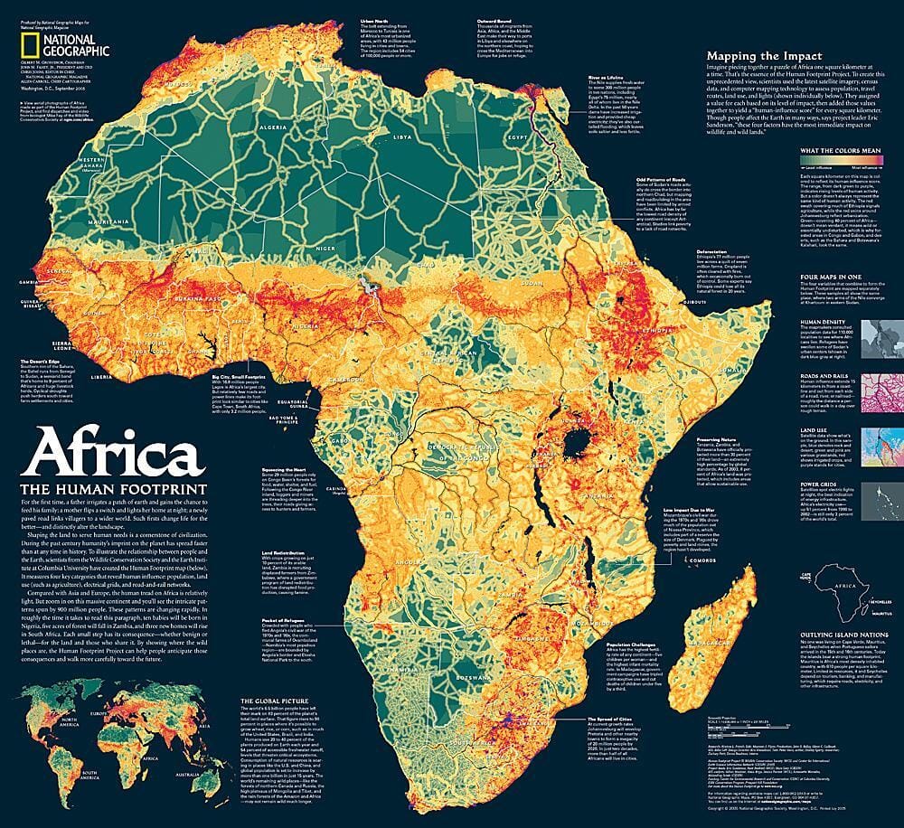 2005 Afrique, la carte de l'empreinte humaine carte murale roulée (en tube) National Geographic Historic POD Default Title