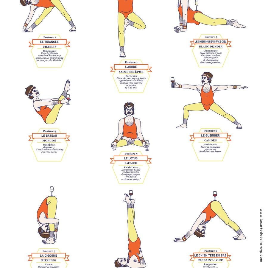 Affiche - Vin et Yoga Homme- 50 x 70 cm carte murale roulée (en tube) La carte des vins