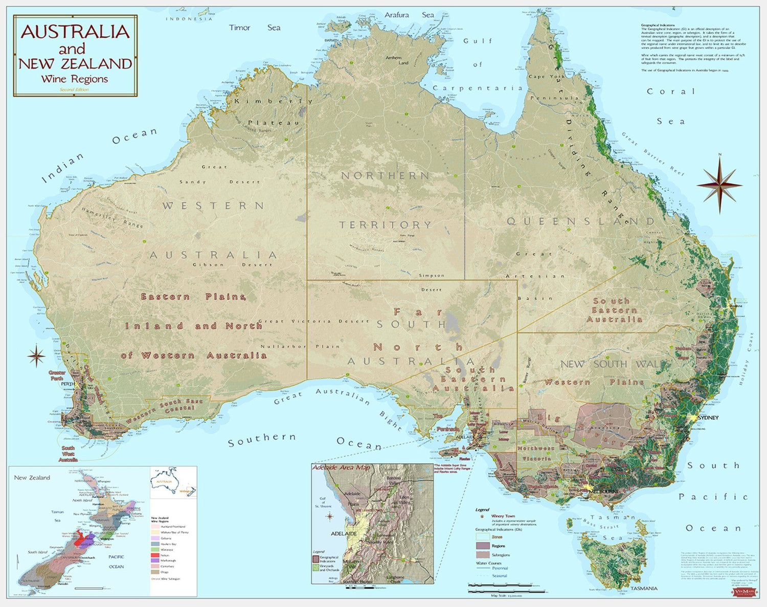 Australie et Nouvelle-Zélande - Régions viticoles | Vinmaps carte murale roulée (en tube) Vinmaps Paper