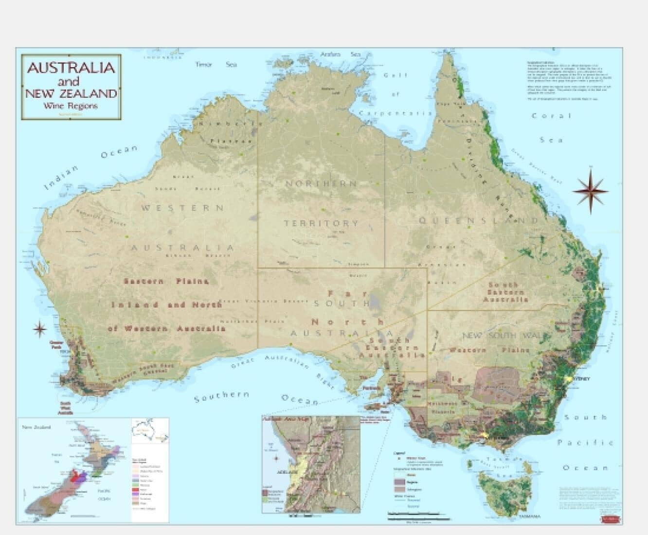 Australie et Nouvelle-Zélande - Régions viticoles | Vinmaps carte murale roulée (en tube) Vinmaps Canvas