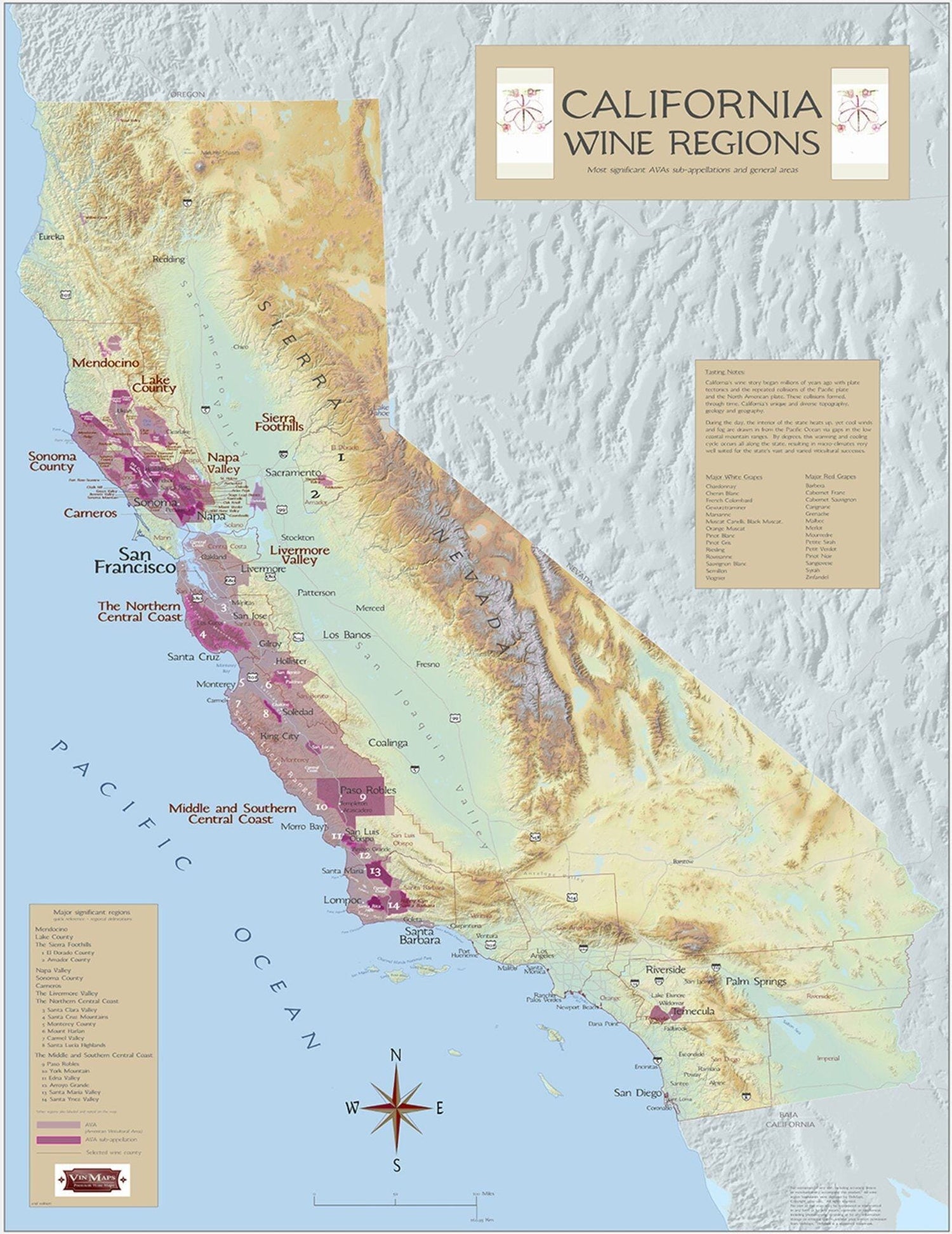 Californie - Les zones viticoles américaines les plus importantes | Vinmaps carte murale roulée (en tube) Vinmaps Paper