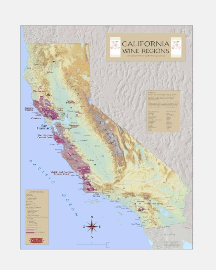 Californie - Les zones viticoles américaines les plus importantes | Vinmaps carte murale roulée (en tube) Vinmaps Canvas