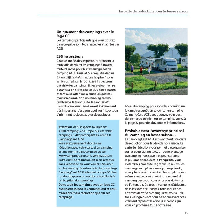 CampingCard ACSI - Carte de réductions & Aires camping-cars Europe 2022 guide pratique ACSI 