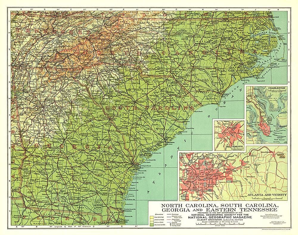 1926 North Carolina, South Carolina, Georgia and Eastern Tennessee Map Wall Map 