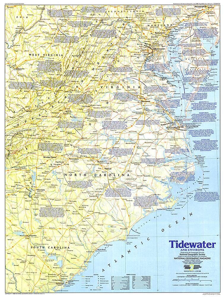 Carte 1988 de Tidewater et des environs carte murale roulée (en tube) National Geographic Historic POD Default Title