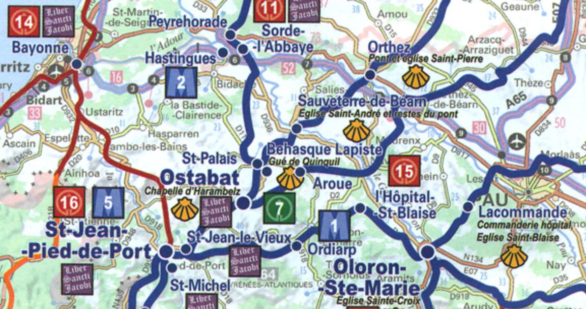 Carte de France - Chemins vers St-Jacques-de-Compostelle | IGN carte routière IGN