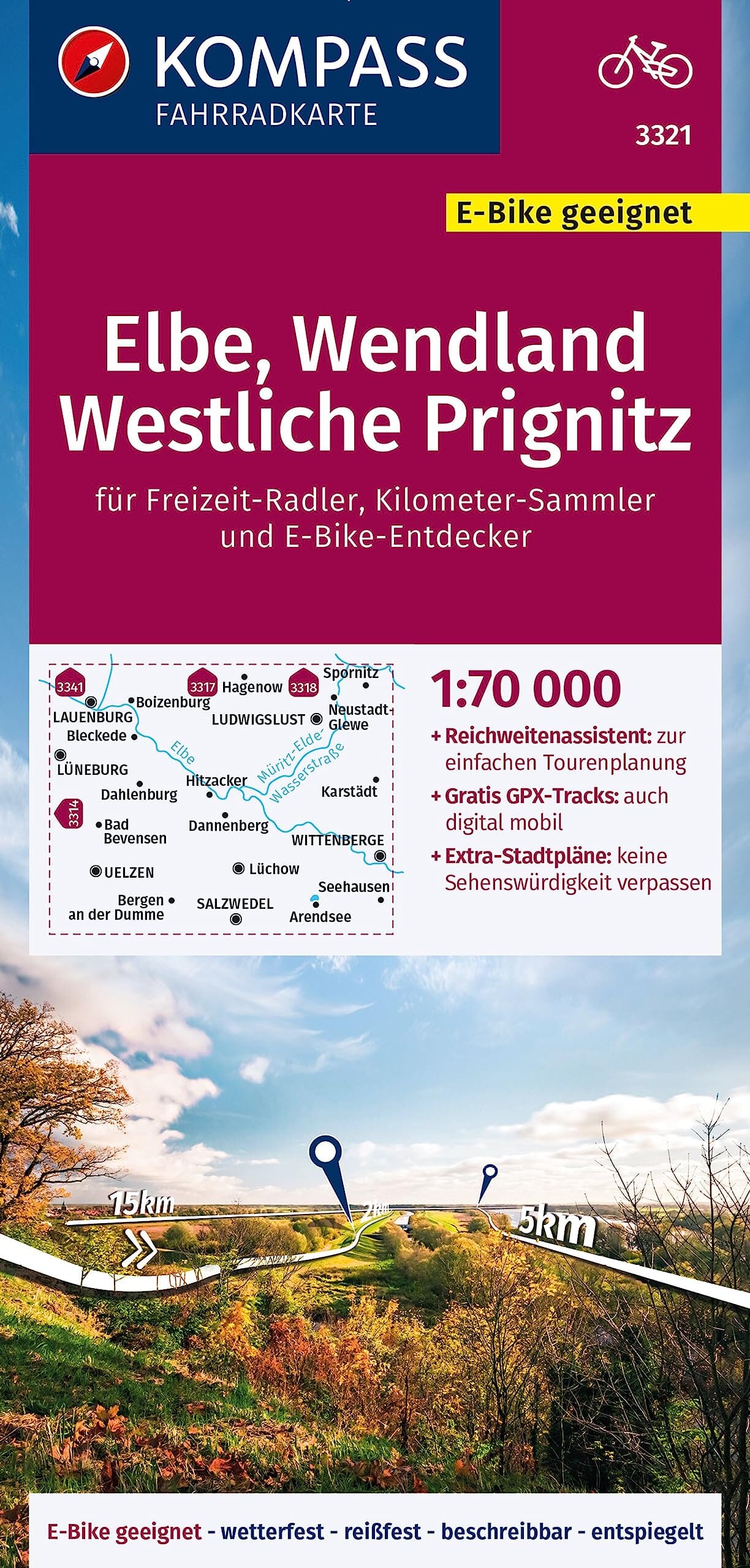 Carte cycliste n° F3321 - Elbe, Wendland, Westliche Prignitz (Allemagne) | Kompass carte cycliste Kompass