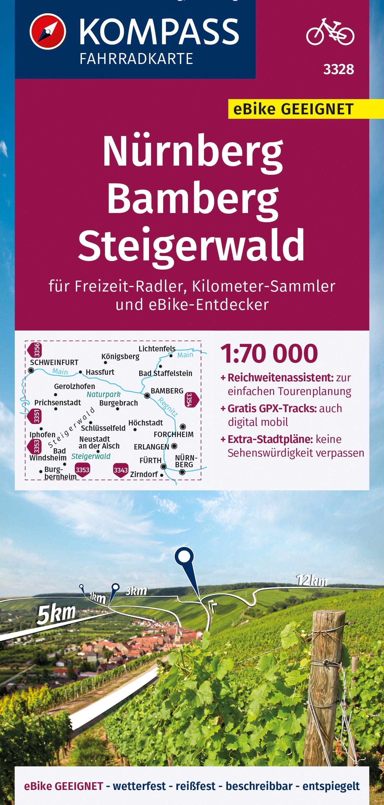 Carte cycliste n° F3328 - Nürnberg, Bamberg, Steigerwa (Allemagne) | Kompass carte cycliste Kompass