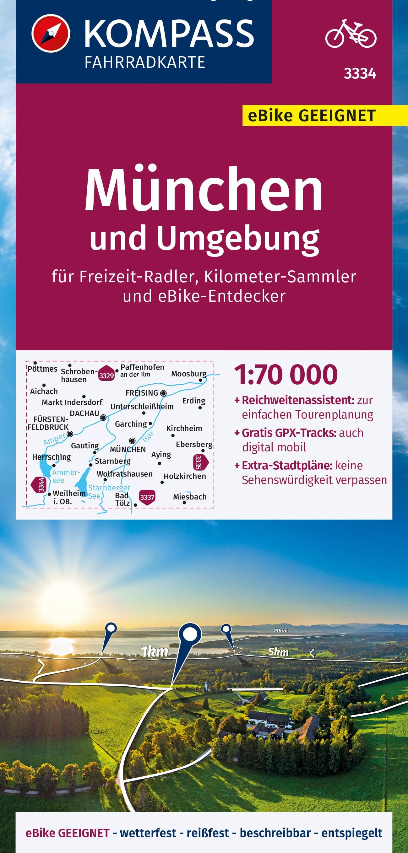 Carte cycliste n° F3334 - Munich & environs (Allemagne) | Kompass carte cycliste Kompass
