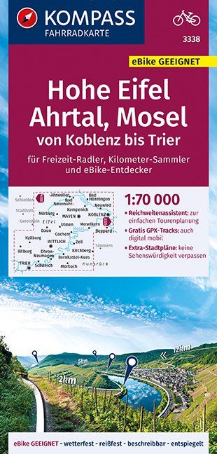 Carte cycliste n° F3338 - Hohe Eifel, Ahrtal, Mosel von Koblenz bis Trier (Allemagne) | Kompass carte cycliste Kompass