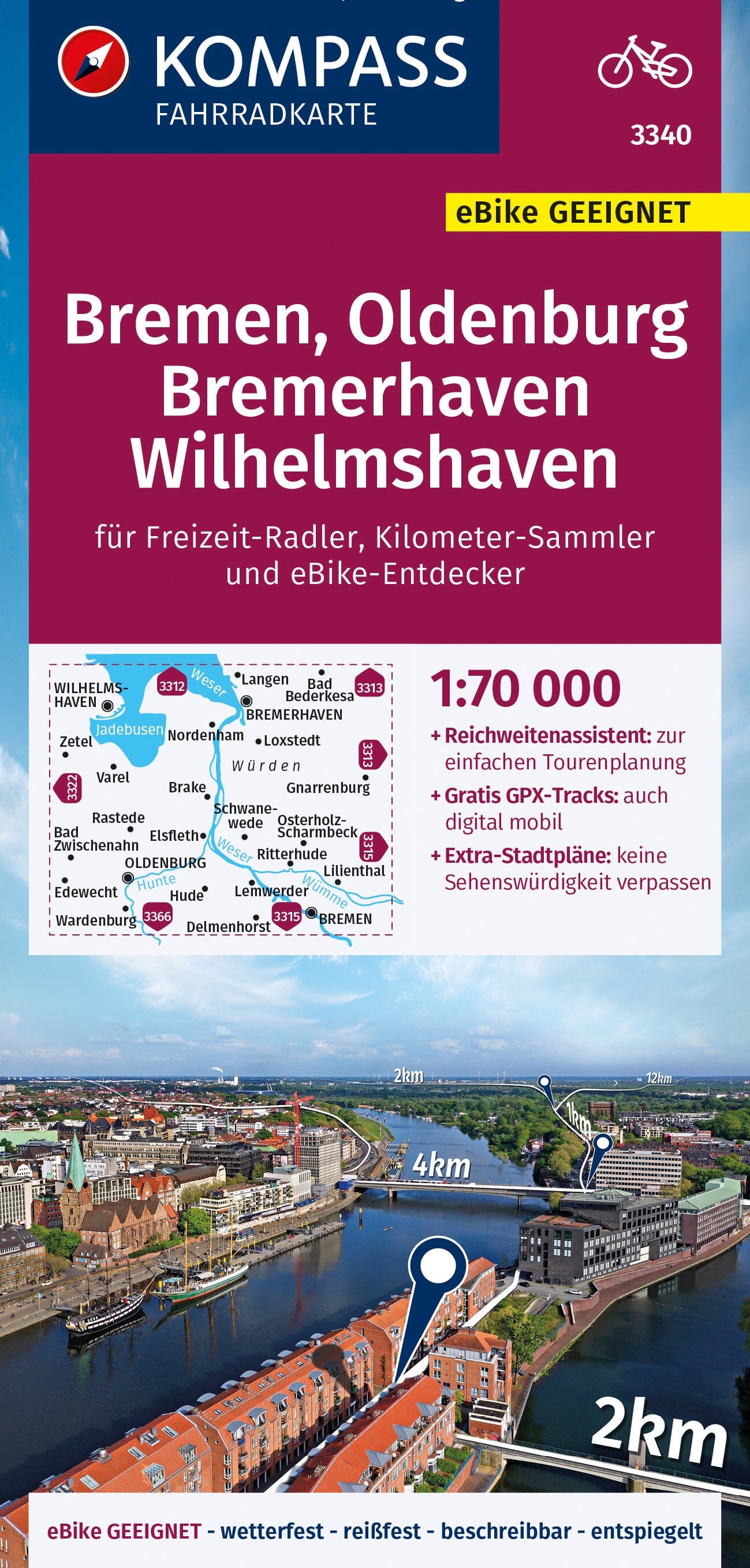 Carte cycliste n° F3340 - Bremen, Oldenburg, Bremerhaven (Allemagne) | Kompass carte cycliste Kompass