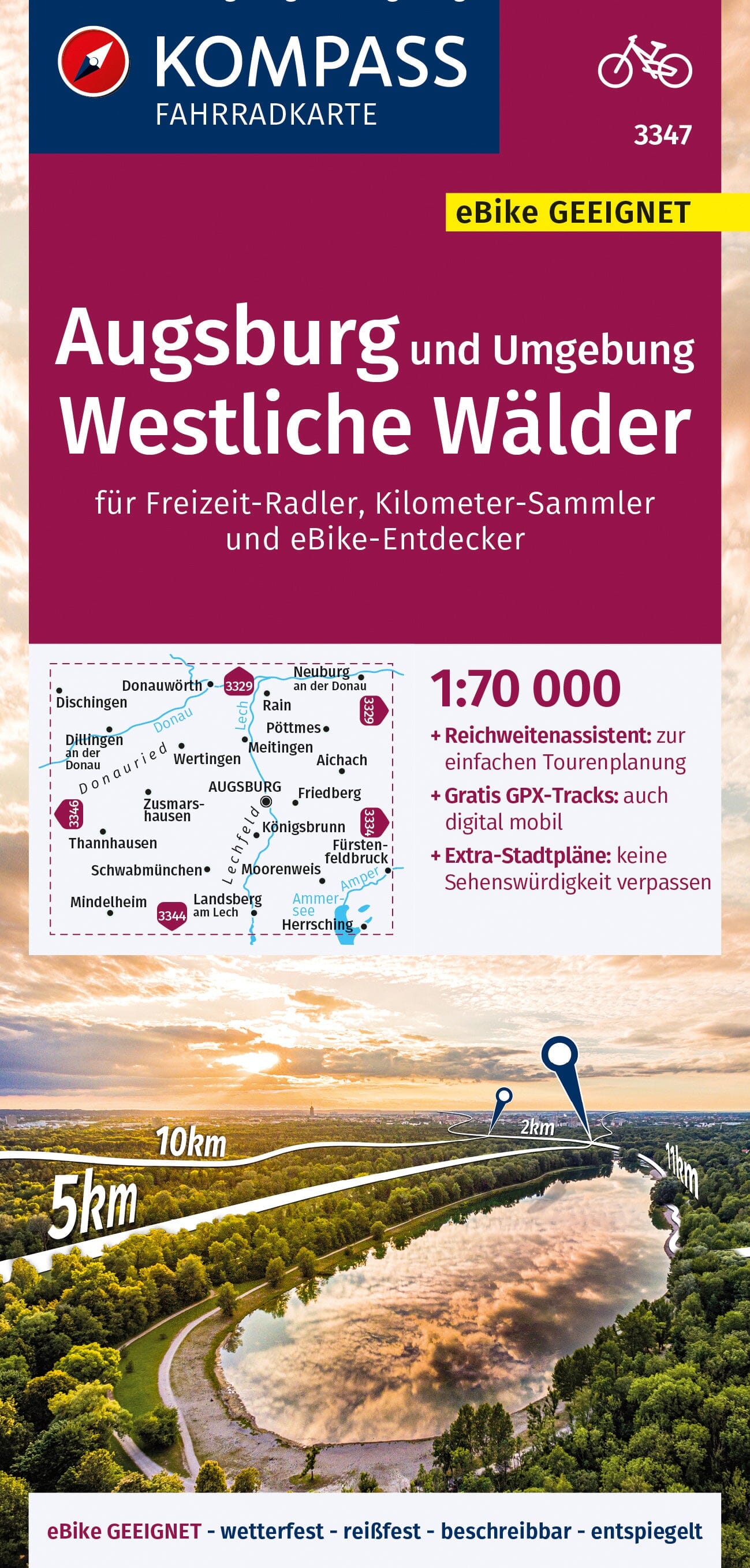 Carte cycliste n° F3347 - Augsburg & environs, Westliche Wälder (Allemagne) | Kompass carte cycliste Kompass