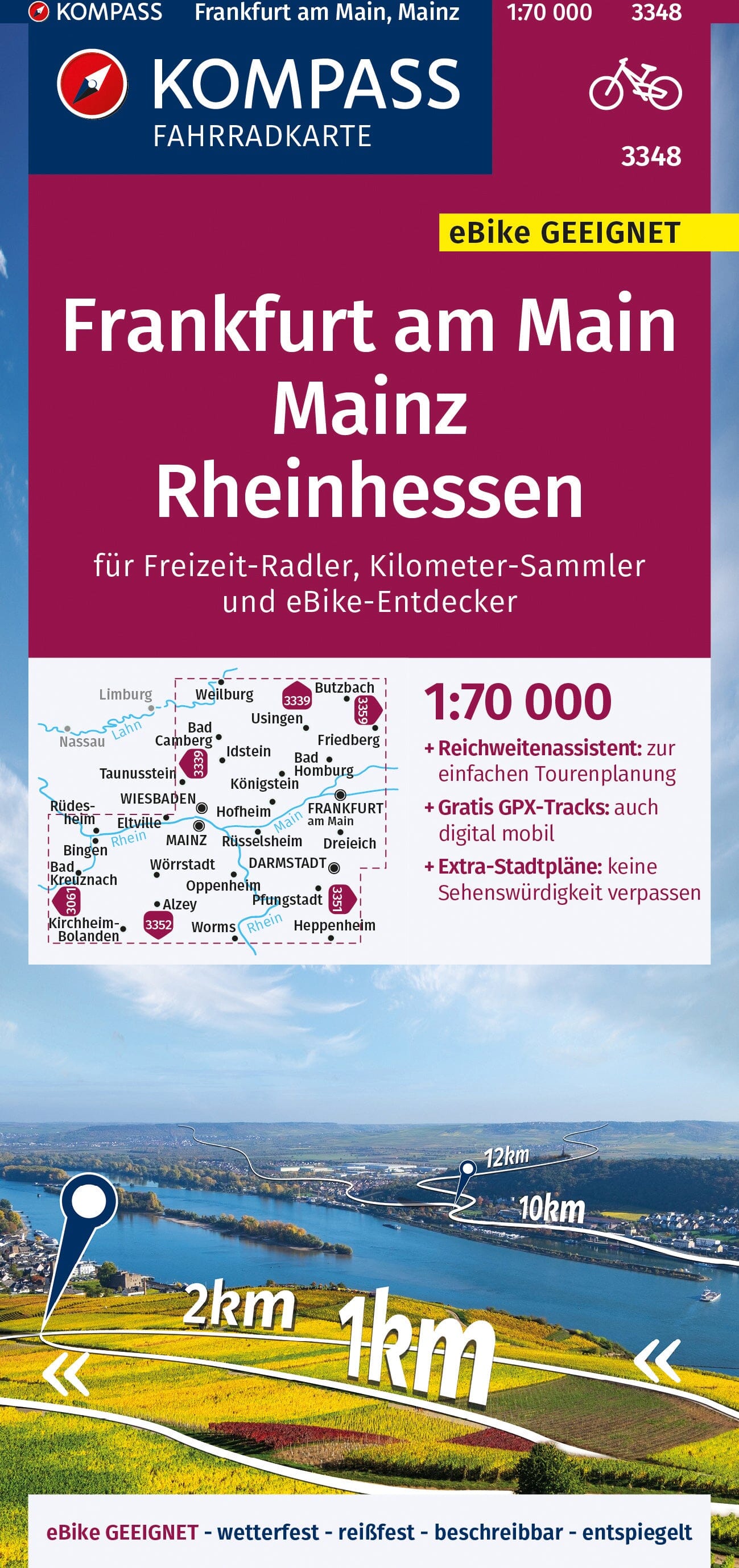 Carte cycliste n° F3348 - Frankfurt am Main, Mainz, Rheinhessen (Allemagne) | Kompass carte cycliste Kompass