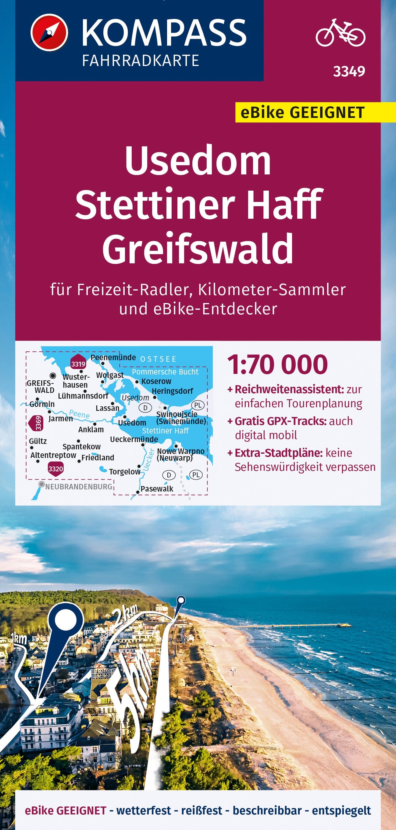 Carte cycliste n° F3349 - Usedom, Stettiner Haff, Greifswald (Allemagne) | Kompass carte cycliste Kompass
