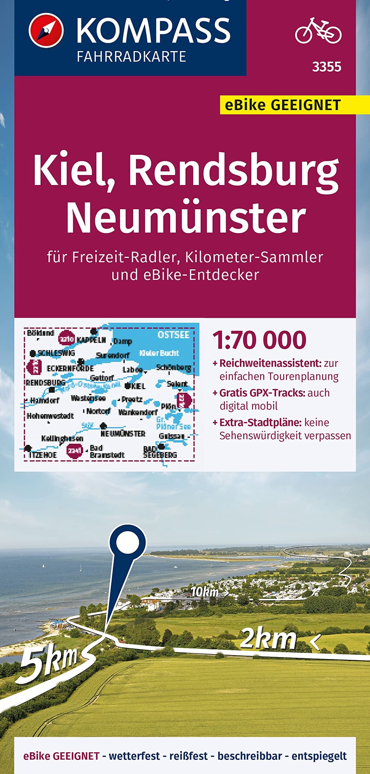 Carte cycliste n° F3355 - Kiel, Rendsburg, Neumünster (Allemagne) | Kompass carte cycliste Kompass
