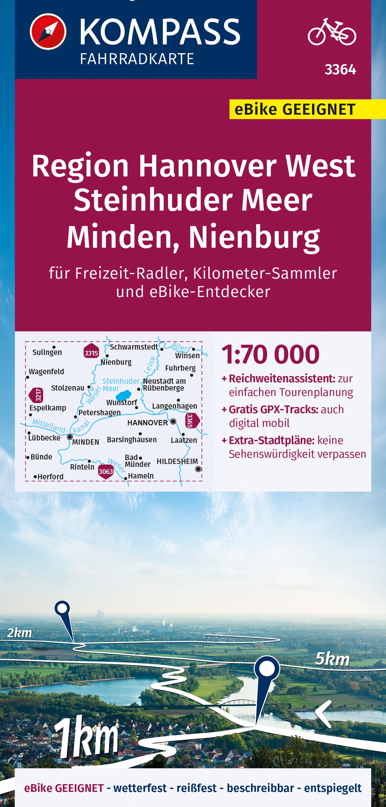 Carte cycliste n° F3364 - Hannover West, Steinhuder Meer, Minden, Nienburg (Allemagne) | Kompass carte cycliste Kompass