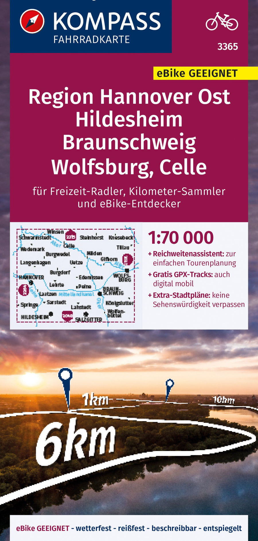 Carte cycliste n° F3365 - Hannover Ost, Hildesheim, Braunschweig, Wolfsburg, Celle (Allemagne) | Kompass carte pliée Kompass 