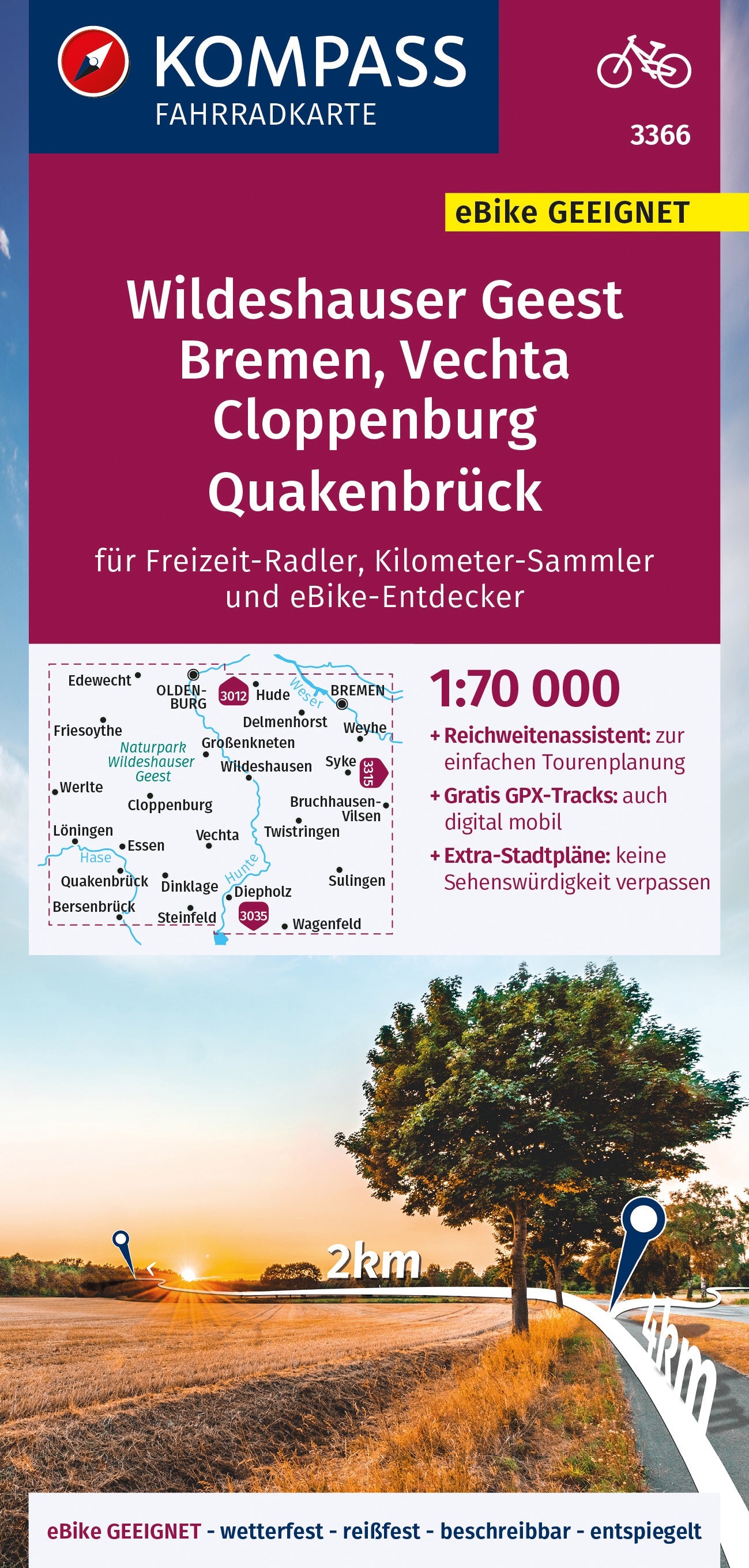 Carte cycliste n° F3366 - Wildeshauser Geest, Bremen, Vechta, Cloppenburg, Quakenbrück (Allemagne) | Kompass carte cycliste Kompass