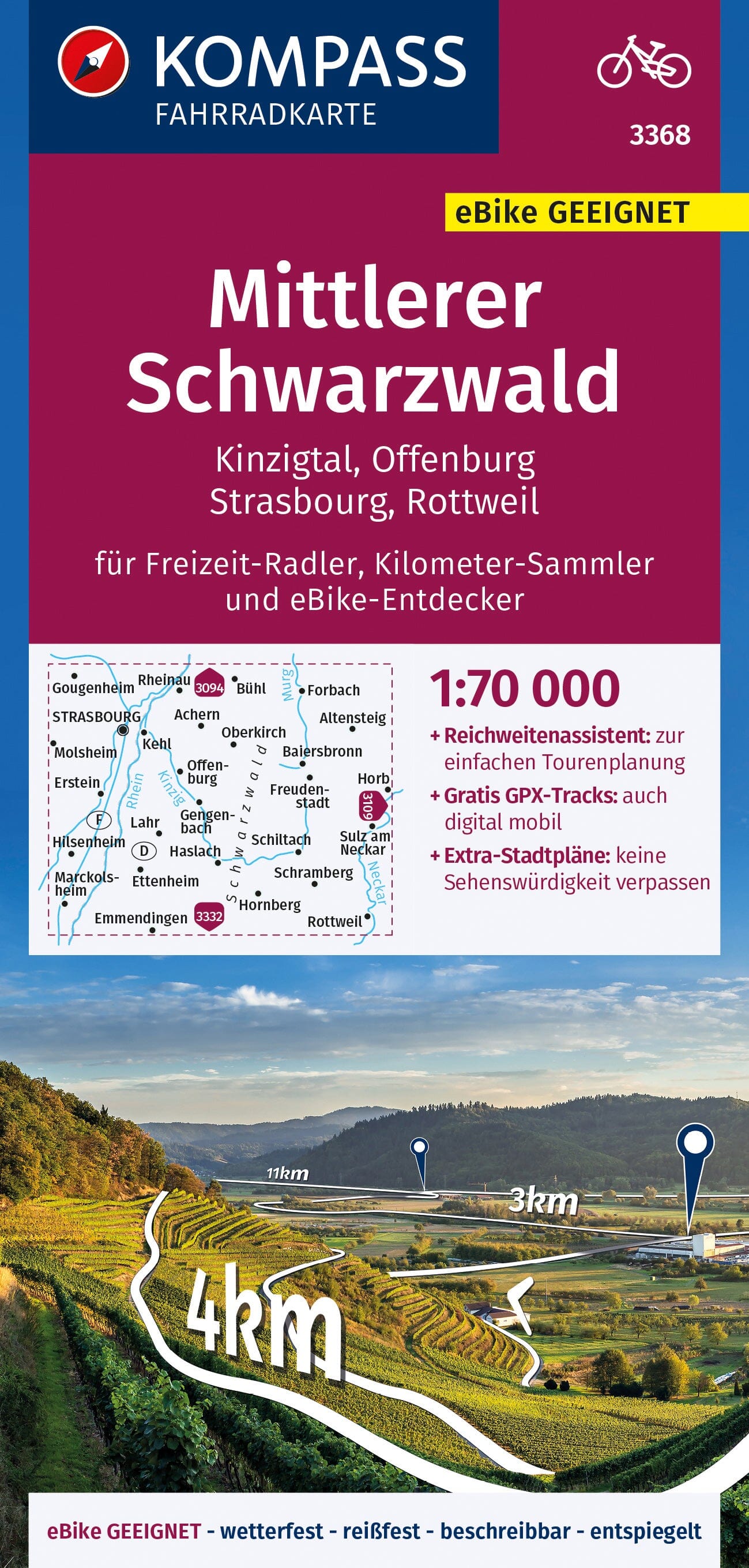Carte cycliste n° F3368 - Schwarzwald Mittlerer, Kinzigtal, Offenburg, Strasbourg (Allemagne) | Kompass carte cycliste Kompass
