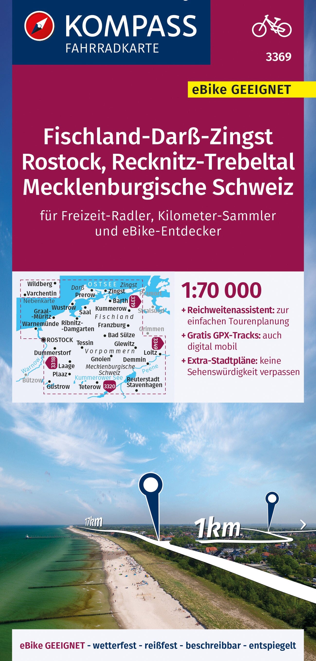 Carte cycliste n° F3369 - Fischland-Darss-Zingst, Rostock, Recknitz-Trebeltal, Mecklenburgische Schweiz (Allemagne) | Kompass carte cycliste Kompass