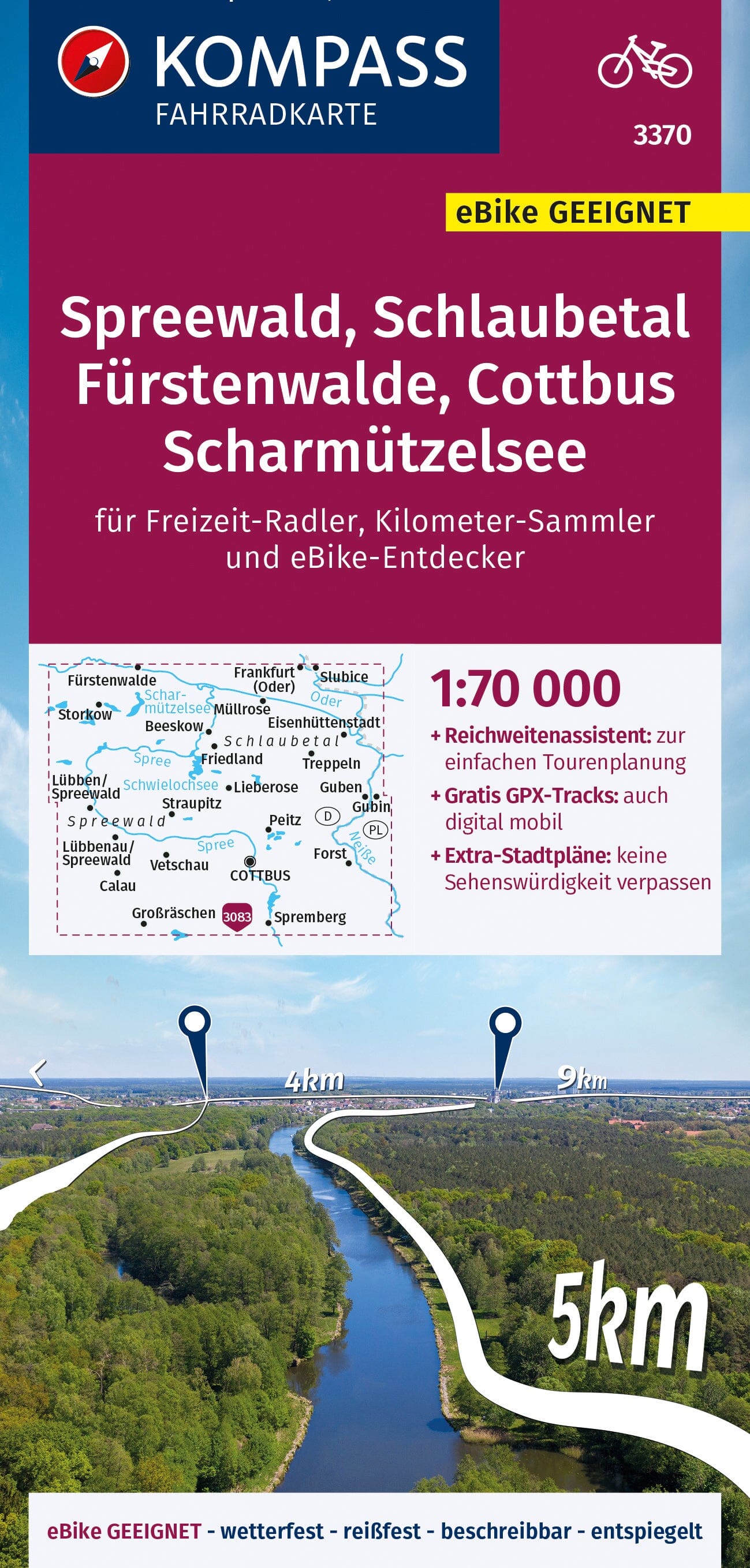Carte cycliste n° F3370 - Spreewald, Schlaubetal, Fürstenwalde, Cottbus, Scharmützelsee + plan de ville (Allemagne) | Kompass carte cycliste Kompass