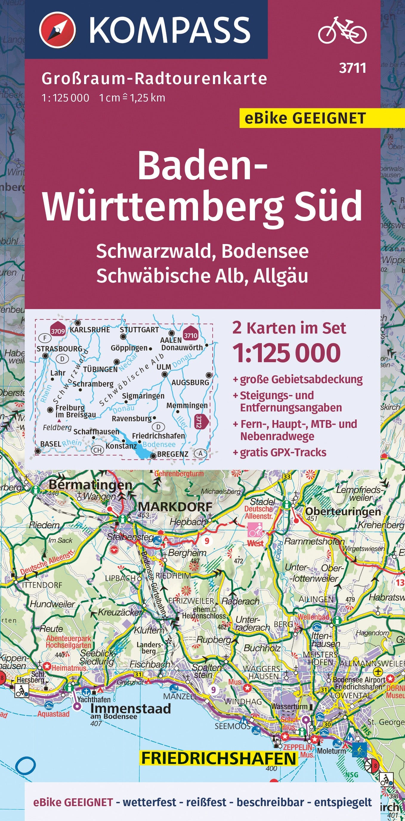 Carte cycliste n° F3711- Baden-Württemberg Sud (Allemagne) | Kompass carte cycliste Kompass